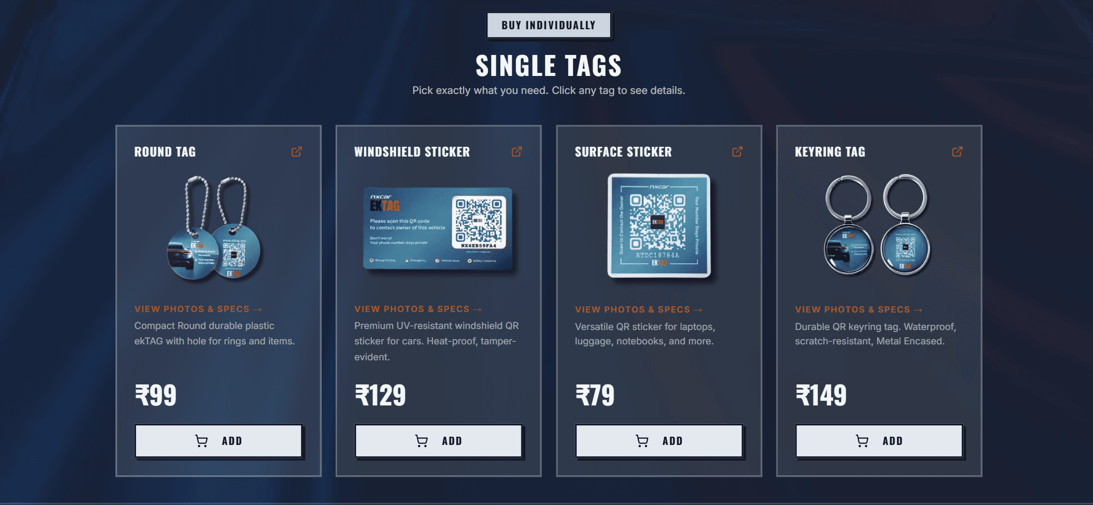 EKTAG Windshield, surface, round and keychain tags pricing